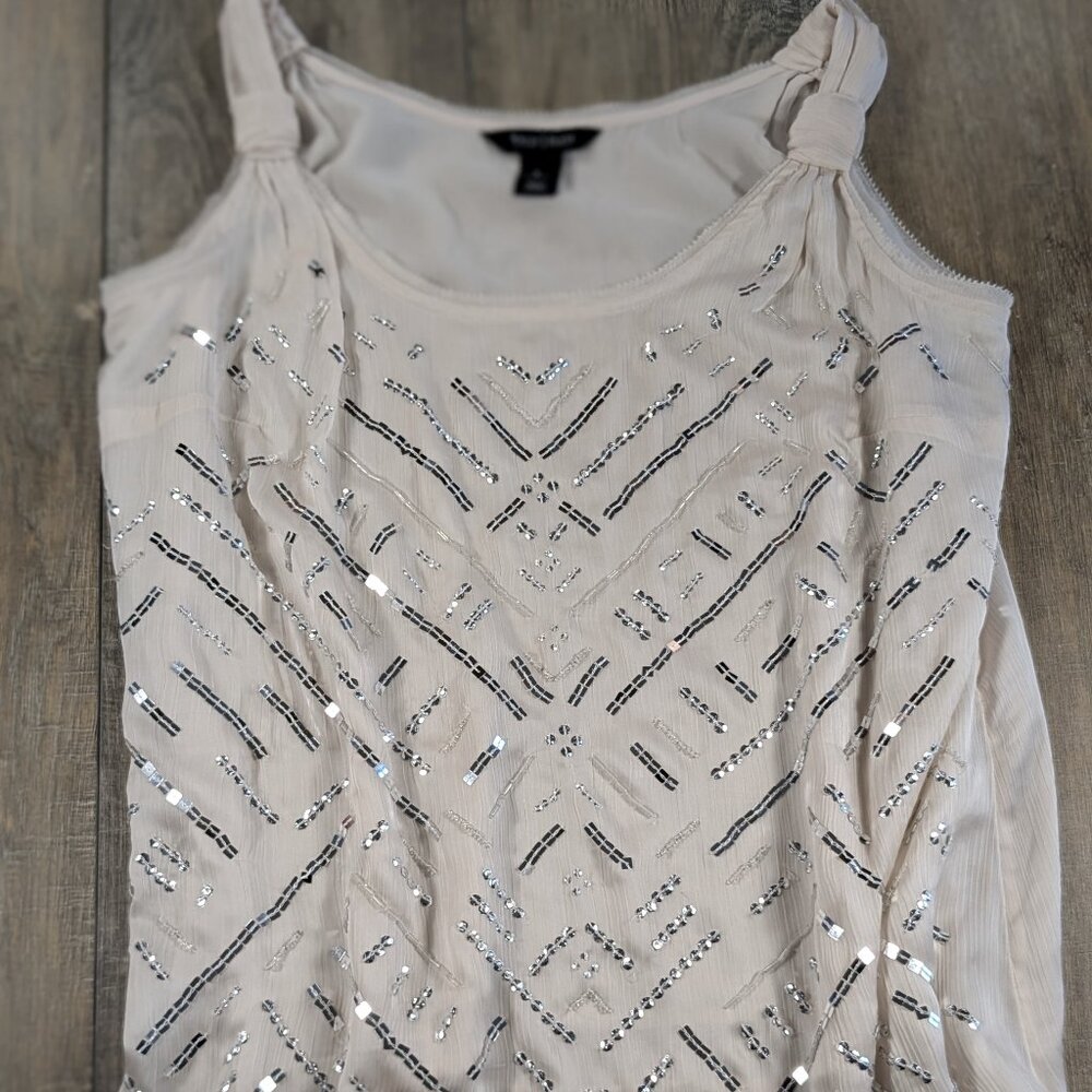 White House Black Market Top Womens Large Cream Sleeveless Sequin Bead Print